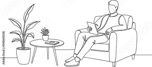 Stroke outline illustration of a person sitting in a chair, reading a book, indoors with plants, isolated on a transparent background