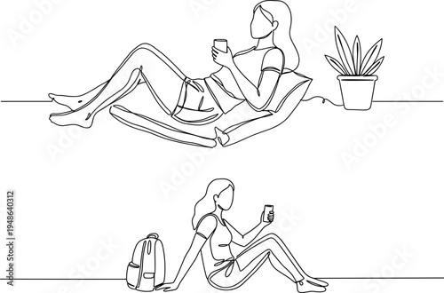 Stroke outline illustration of two young women enjoying drinks at home, one lounging on a couch and another sitting, with a plant nearby on a transparent background