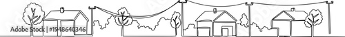 Stroke outline illustration of houses surrounded by trees and power lines on a transparent background, showcasing the calm rural setting with simple designs and lines.