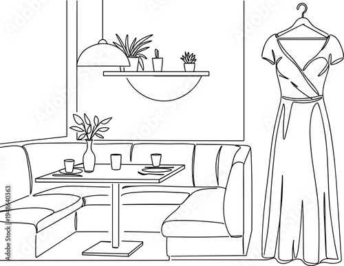 Stroke outline illustration of a modern living room with a fashion dress on a hanger, plant decor, and a dining table on a transparent background