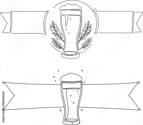 Stroke outline illustration of a beer glass with frothy head and decorative elements on a transparent background