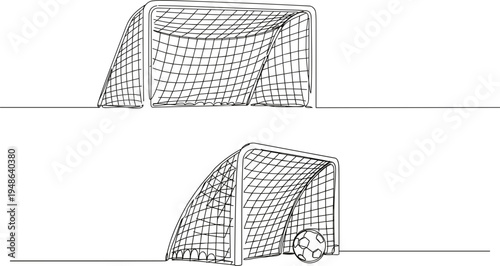 Stroke outline illustration of a soccer goal with net and ball isolated on white background