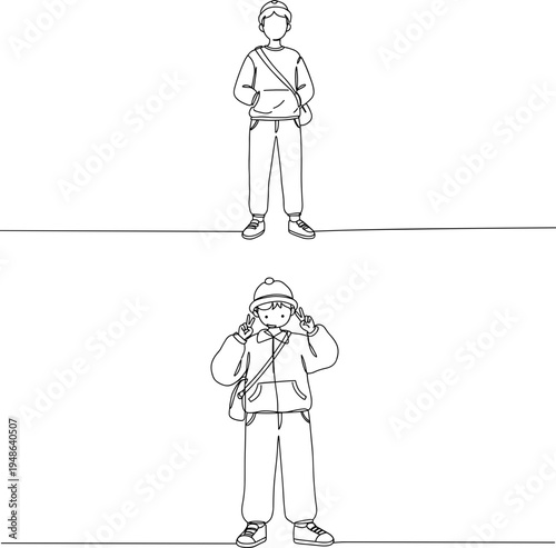 Stroke outline illustration of two individuals, one wearing casual clothing and one bundled for winter, on a transparent background