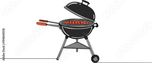 Stroke outline illustration of a barbecue grill with hot dogs cooking on the grate, isolated on a transparent background