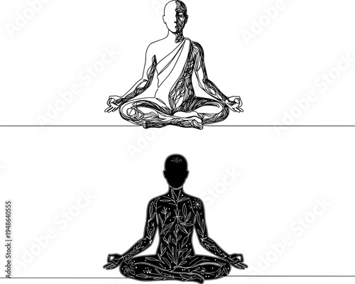 Stroke outline illustration of a meditating person in a lotus position on a transparent background