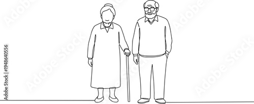 Stroke outline illustration of elderly couple holding hands on a transparent background wearing casual clothing and showing love and companionship in a simplistic style