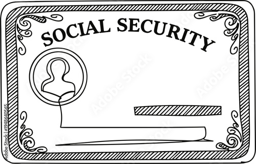 Stroke outline illustration of social security card with placeholder photo and name on transparent background