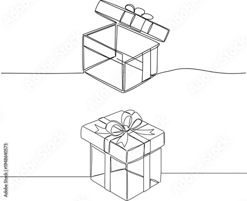 Stroke outline illustration of gift boxes with ribbons and bows on a transparent background showcasing a closed and an open present for festive occasions