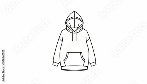 Fashion illustration of a black and white hoodie with a front pocket and hood