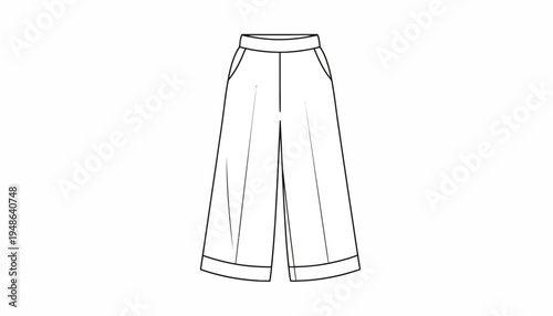 Fashion Illustration: Wide-Leg Cropped Pants with Pockets, Vector Line Art