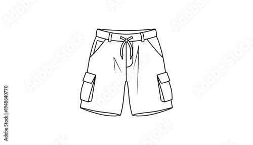 Fashion Sketch: Cargo Shorts with Drawstring Waist and Pockets, Vector Illustration