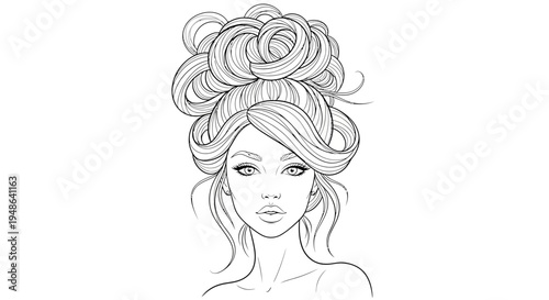 Elegant Woman with Elaborate Updo Hairstyle Sketch - Fashion Beauty Line Art