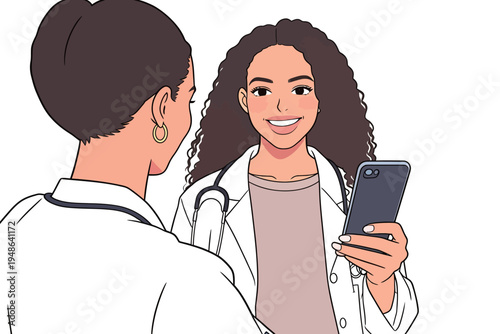 Young doctor shows phone to colleague during a work discussion in a medical office