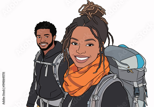 Two backpackers pose for a picture while preparing for an outdoor adventure in the wilderness