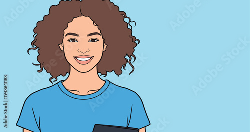 Woman with curly hair holds a tablet in front of a blue background smiling happily