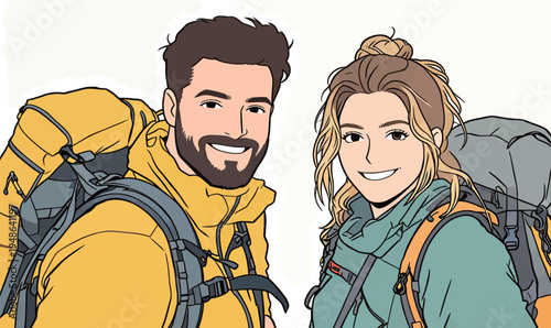 Happy hikers smile before their adventure in the mountains while wearing bright jackets and carrying backpacks