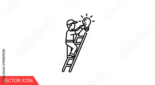 Electrician changing light bulb on ladder, idea concept, innovation, creativity, solution