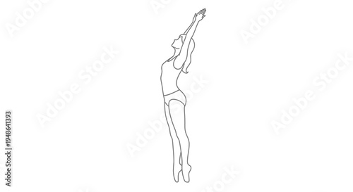 Elegant ballerina in graceful pose, arms reaching upwards, on pointe shoes, minimalist line art