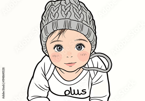 Child in sweater and knitted hat looks up with curious eyes in a bright room during afternoon playtime
