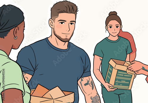 Volunteers distribute food packages at a local community center during an outreach event