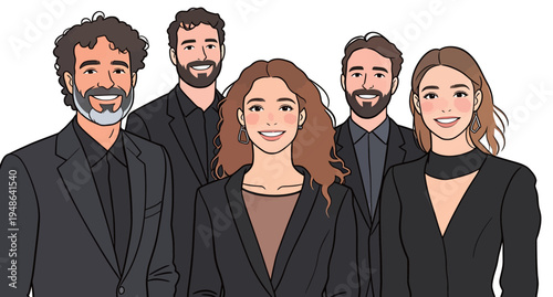 Group of five people dressed in black outfits for a formal event smiling together