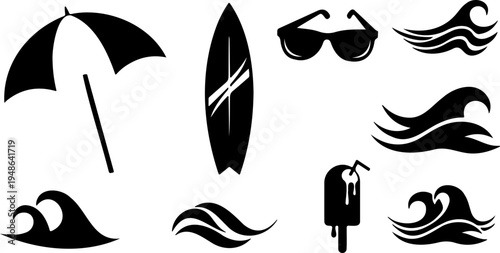 Black and white vector icon set with cartoon woman face lips eye fish and beauty symbols in simple silhouette design