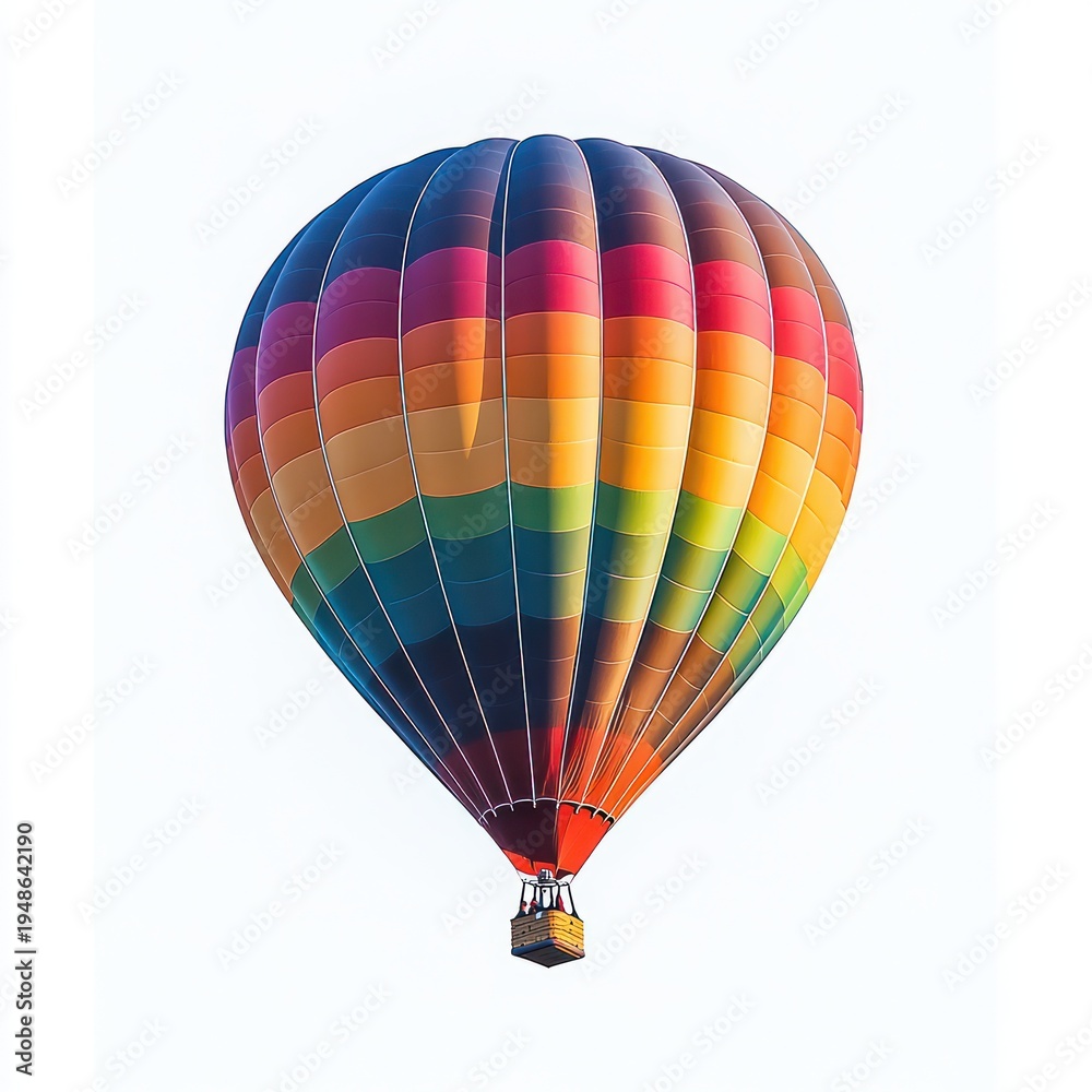 Naklejka premium Vibrant rainbow hot air balloon with wicker basket floating alone against a pale sky, evoking joy, freedom and peaceful adventure