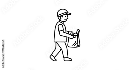 Delivery person walking with grocery bag and baguette, simple line art icon