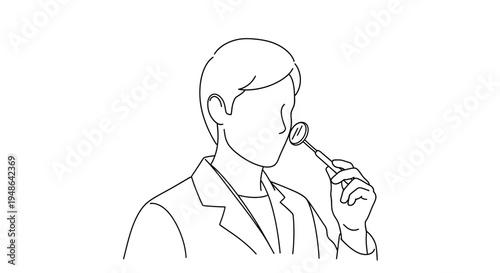 Dentist examining teeth with mirror, close-up, line art, medical illustration