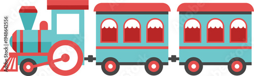 Colorful toy train vector illustration featuring teal locomotive with red accents and two matching passenger transport carriages,