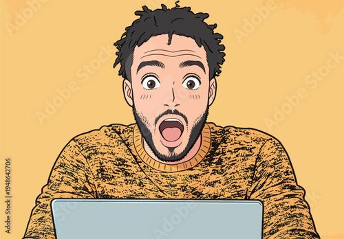 Surprised man looking at laptop screen in front of yellow background during daytime