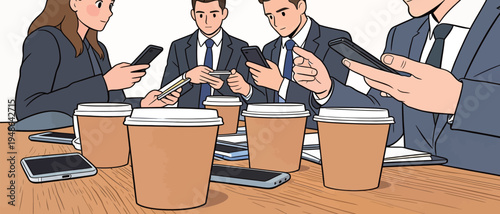 Group of business professionals engaged with their smartphones during a meeting at a conference table