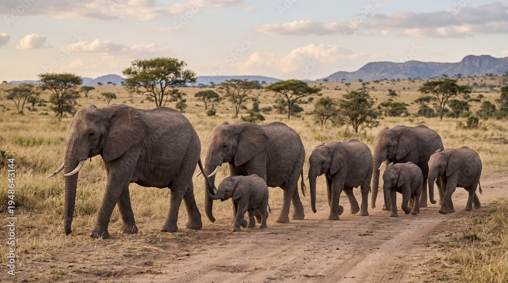 Fototapeta premium Elephants marching through serengeti wildlife event nature scene open terrain scenic view family dynamics