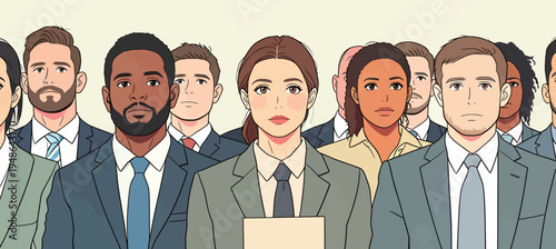 Diverse group of people standing together in a business setting at a job fair in the afternoon