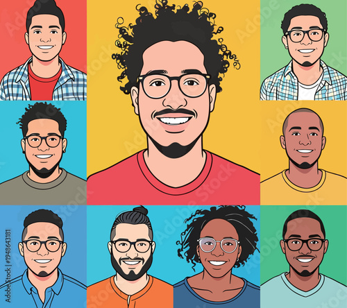 Different portraits of young adults with varied hairstyles and expressions in bright colors