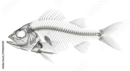 Detailed X-ray Image of a Fish Skeleton Isolated on White Background.