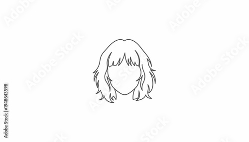 Minimalist line art of a woman's short, wavy bob hairstyle with bangs, isolated on white.