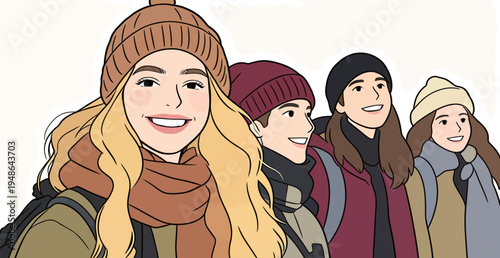 Group of young friends smiling outdoors in winter clothing during daytime