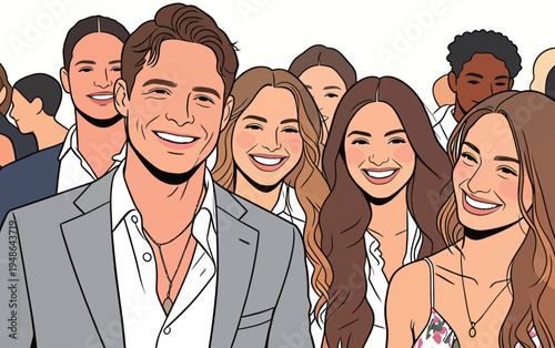 Group of friends smiling together at a social gathering in a lively setting during daytime