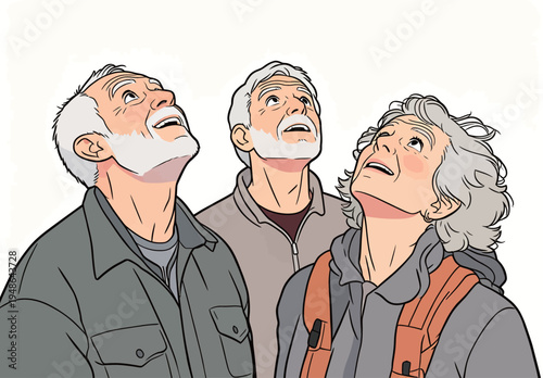 Group of older individuals looking up at the sky in a natural setting during a sunny day