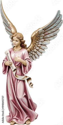 Decorative angel figurine with detailed golden wings, flowing pink robe, and scroll inscribed Psalm 91:11, symbolizing faith, protection, guidance, and spiritual religious inspiration.