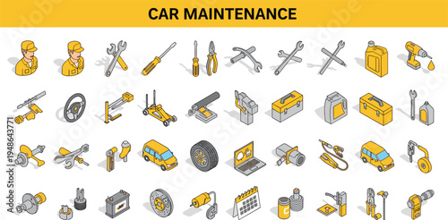 Isometric car maintenance icon set featuring mechanics automotive tools oil containers jacks tires and garage repair equipment,