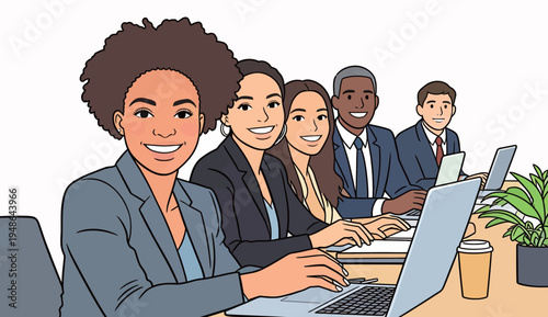 People at a meeting working on laptops and smiling in a bright space during the day