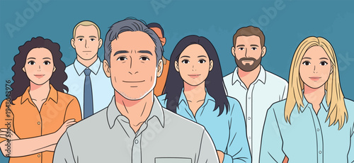 Group of diverse people standing together in a simple setting with a plain background in a professional style