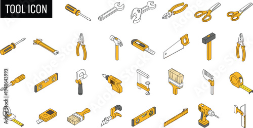 Isometric hand tool icon set featuring screwdrivers hammers drills saws pliers and measuring instruments for home repair construction,