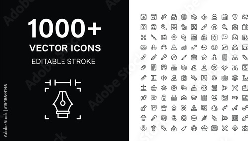 Large collection of professional line icons featuring diverse subjects including architecture technology business people tools