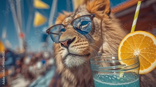 Lion Wearing Sunglasses Drinking Cocktail.