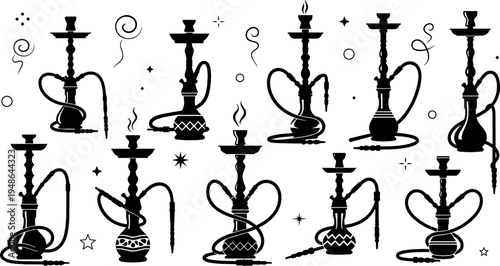 Hookah shisha silhouettes collection with traditional water pipe smoking equipment oriental lounge culture flat vector illustration set