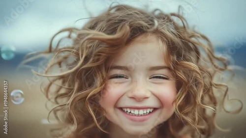 Little girl with curly hair smiling.