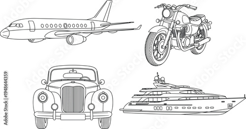 Luxury transportation set featuring commercial airplane modern motorcycle classic vintage car and elegant private yacht line art.